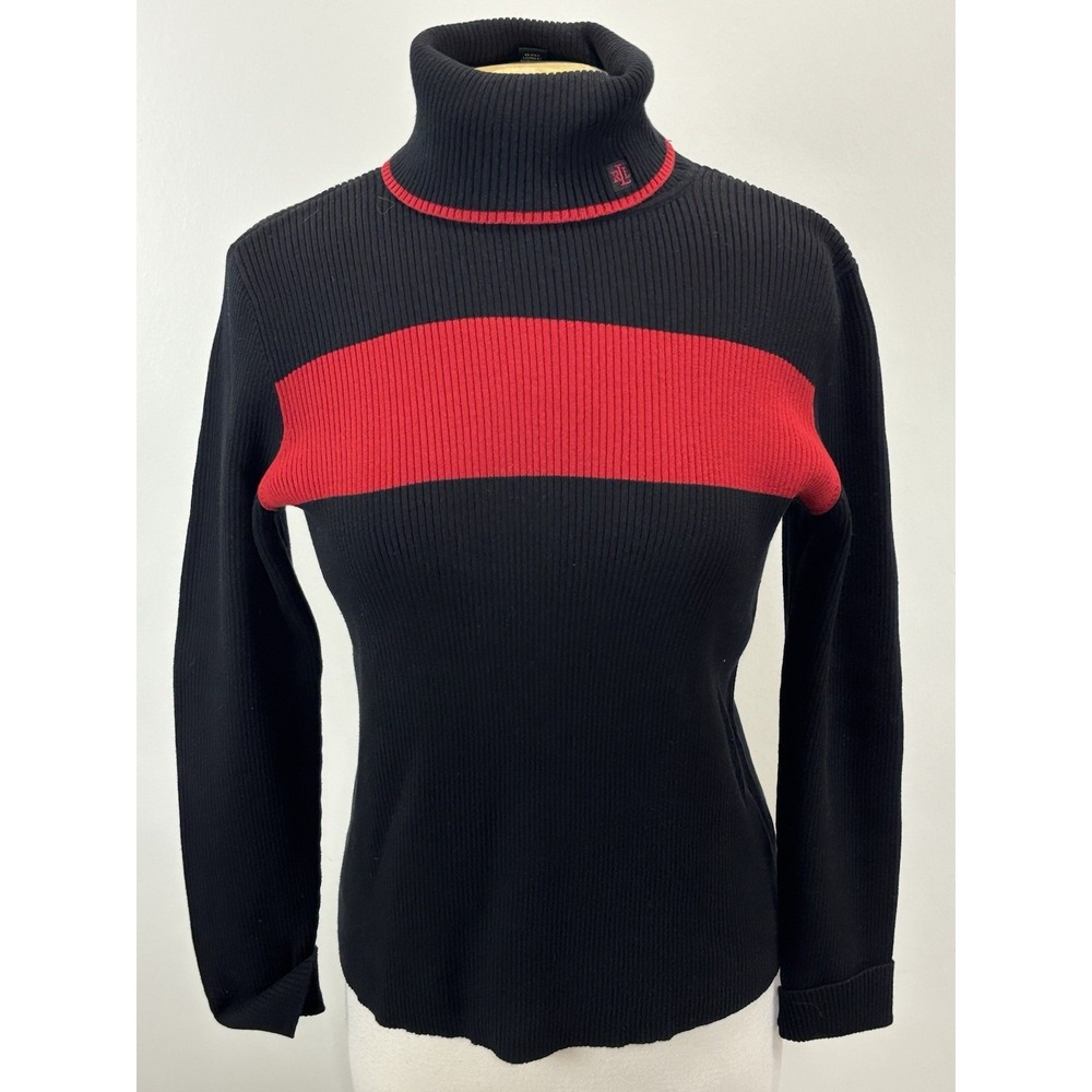 Lauren Ralph Lauren Ribbed Turtleneck Sweater Women's L Black Red Monogram Class